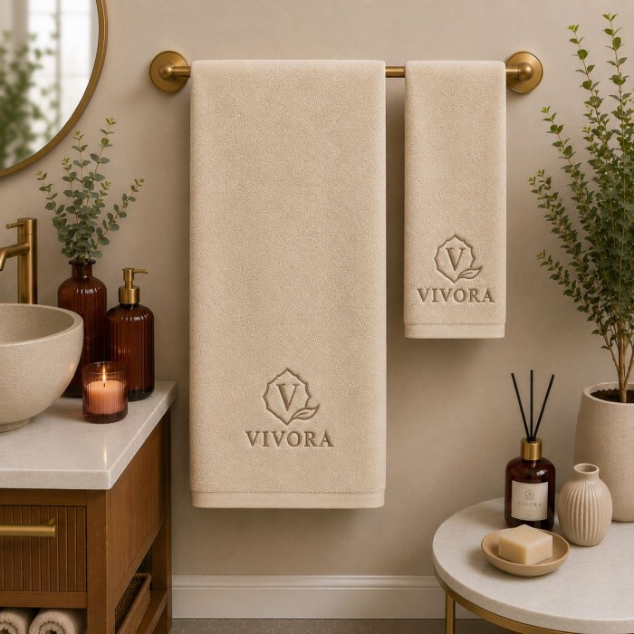 Logolu El ve Banyo Havlusu Takımı Bej 50x90cm 70x140cm